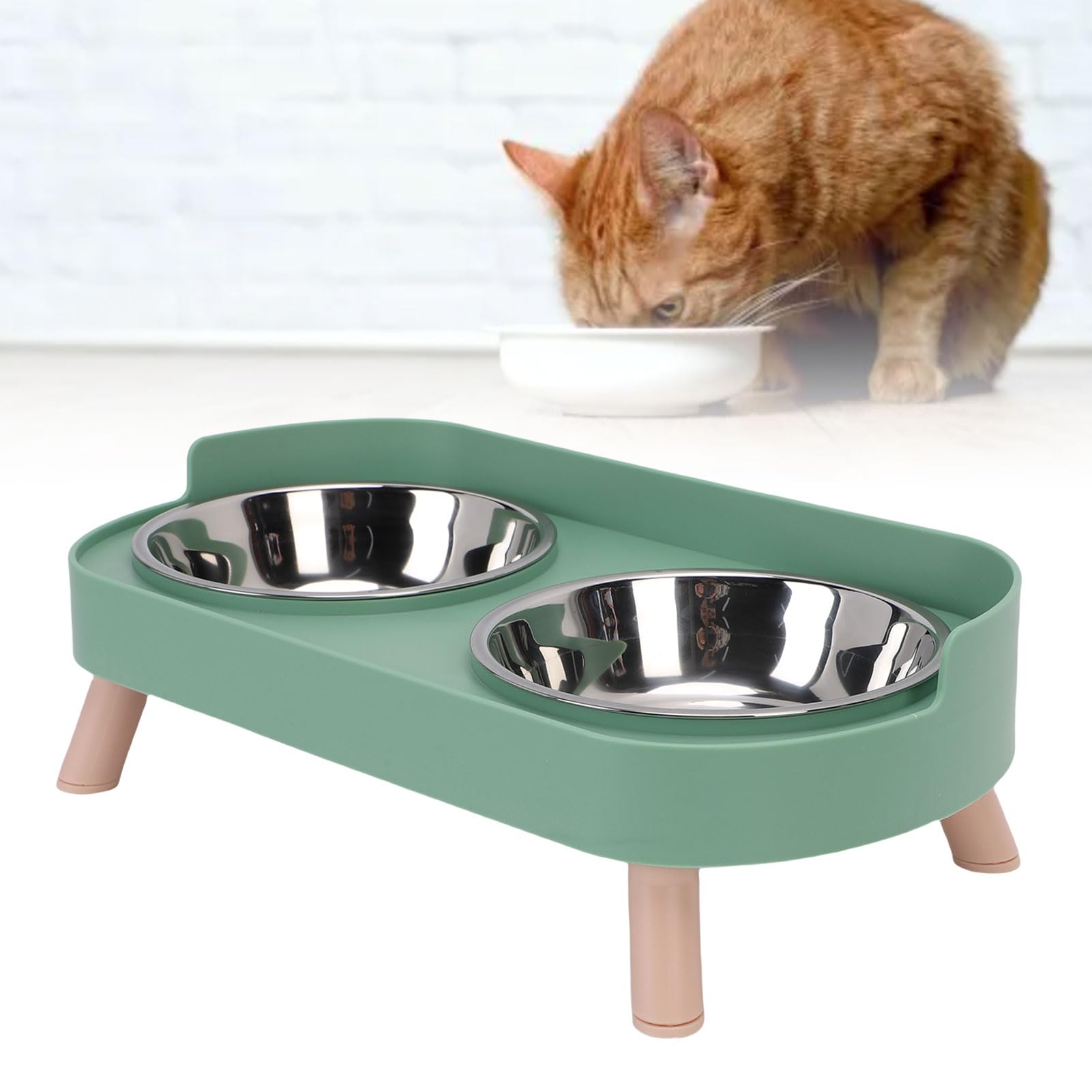 Oreilet New Elevated Cat Bowl, Stainless Steel Stable Integrated Double Bowls with Non Slip Stand, Raised Food and Water Dish for Cats and Puppies Small Dogs Prevents Neck Pain (Avocado Green)
