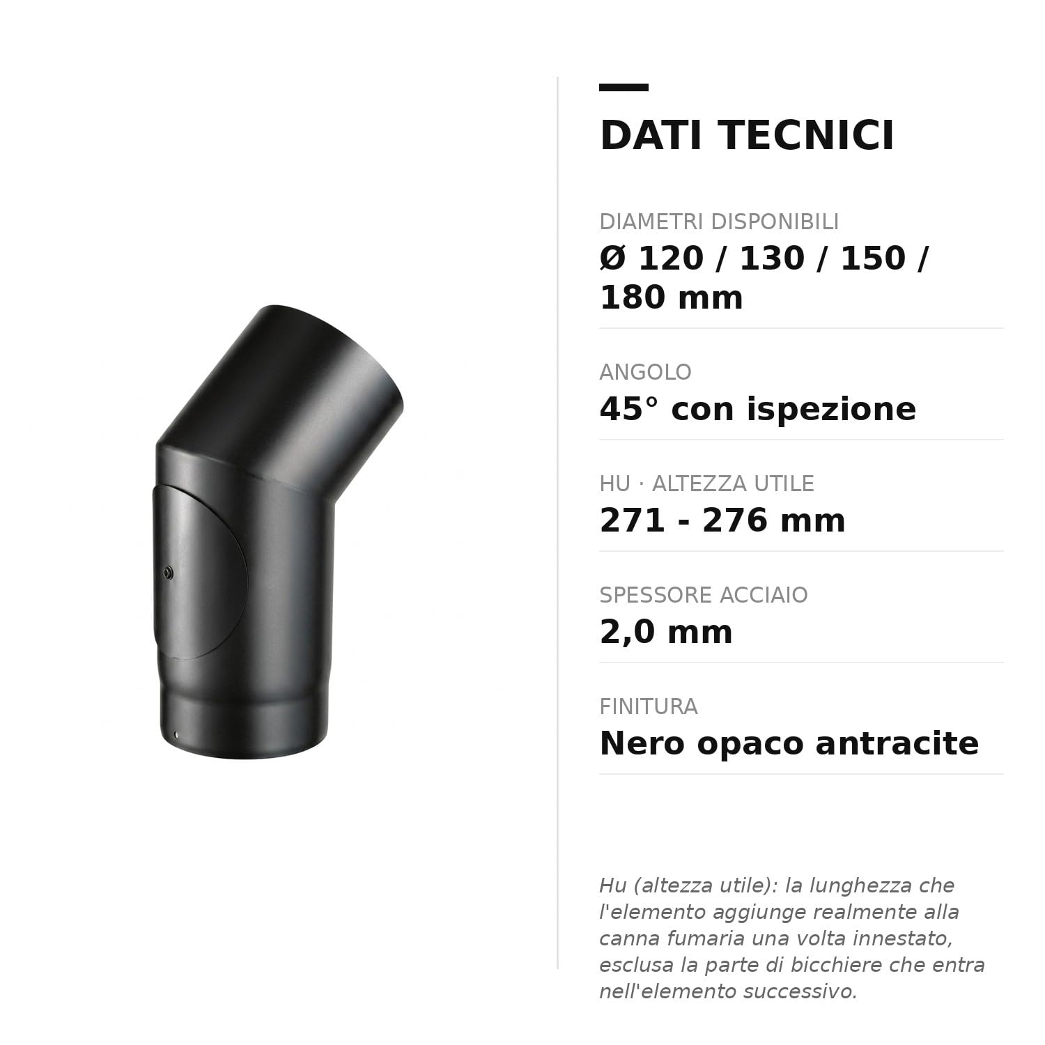 MAKA Curva 45 Gradi Ispezione Canna Fumaria Legna Nero Ø 130 mm