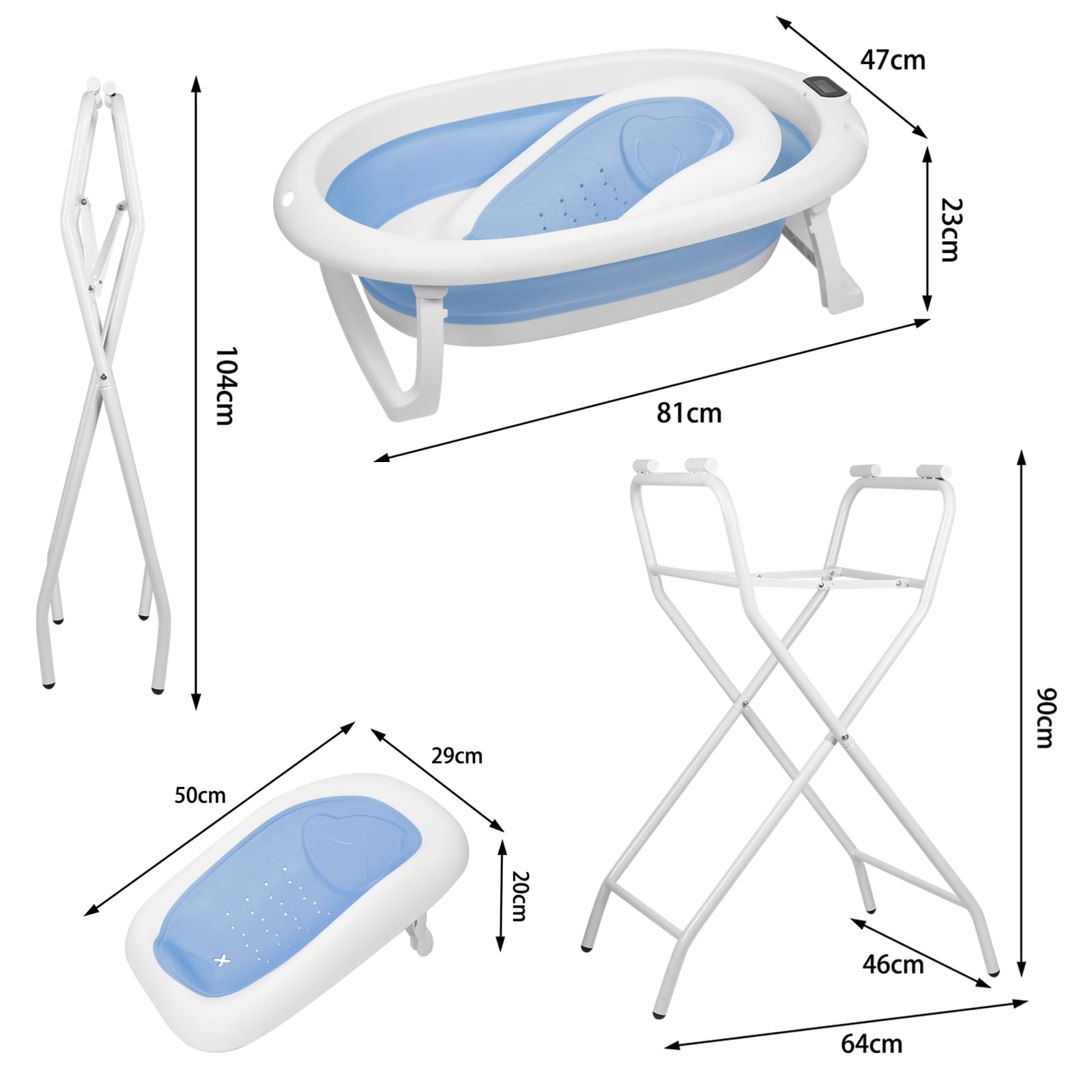 3 en 1 bañera plegable para bebé con manguera de drenaje – termómetro integrado – cojín de baño y correas de sujeción – bañera plegable para bebé escalable – regalo de nacimiento