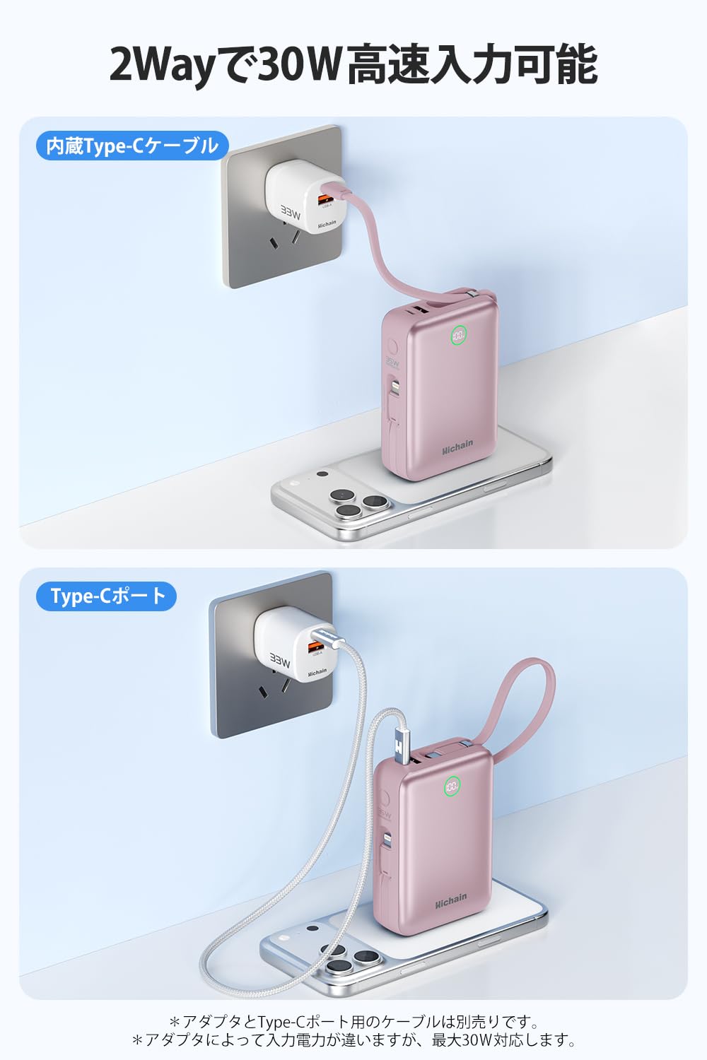 Hichain Chargeur portable 35 W à charge rapide 20 000 mAh, écran LED avec double câbles intégrés et 4 ports de sortie, chargeur de téléphone externe compatible avec iPhone, iPad, appareils Android