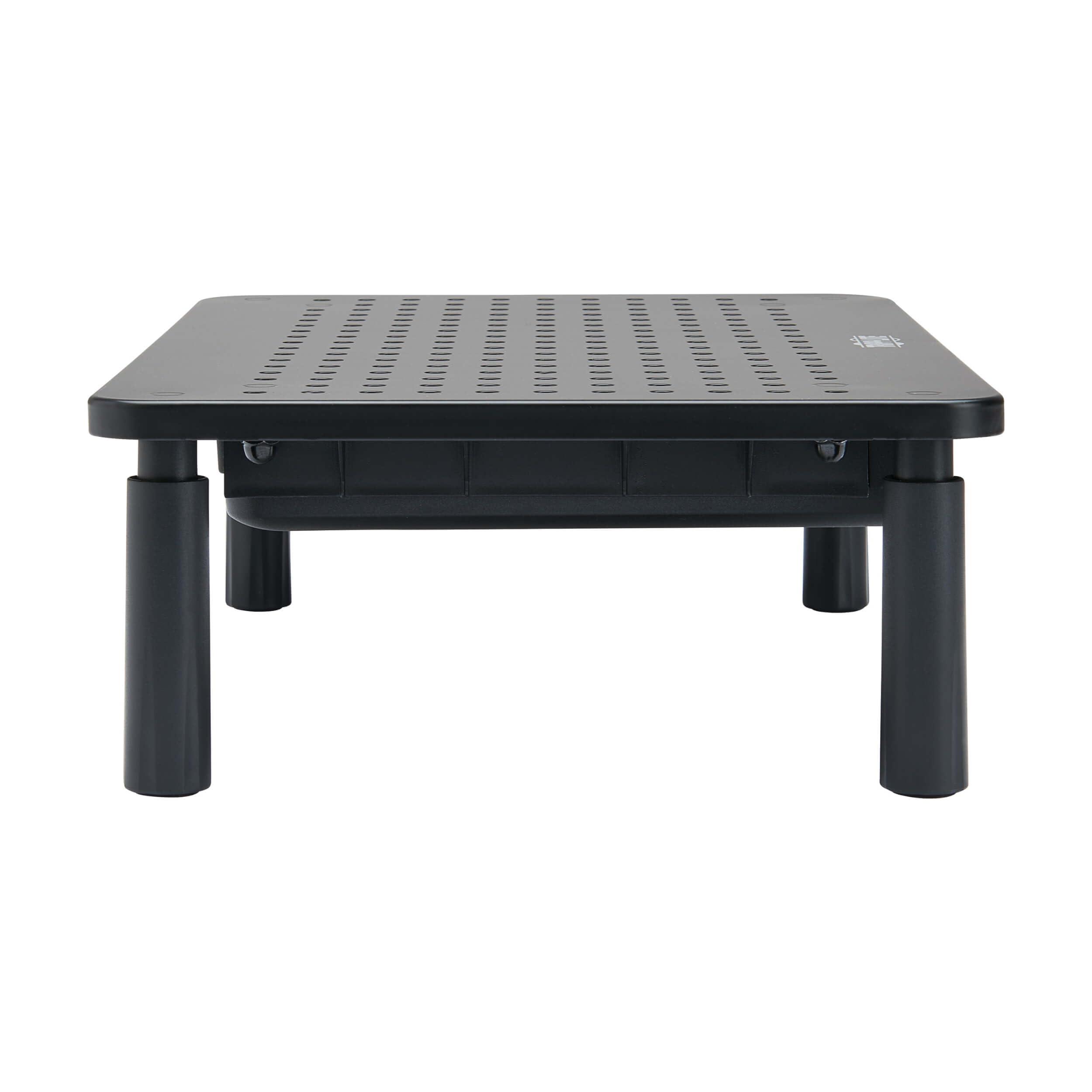 Tripp Lite Supporto per monitor singolo per scrivania con cassetto portaoggetti, regolabile in altezza, struttura in metallo con prese d'aria e piedini in gomma, nero, piattaforma 38,1 x 22,9 cm,