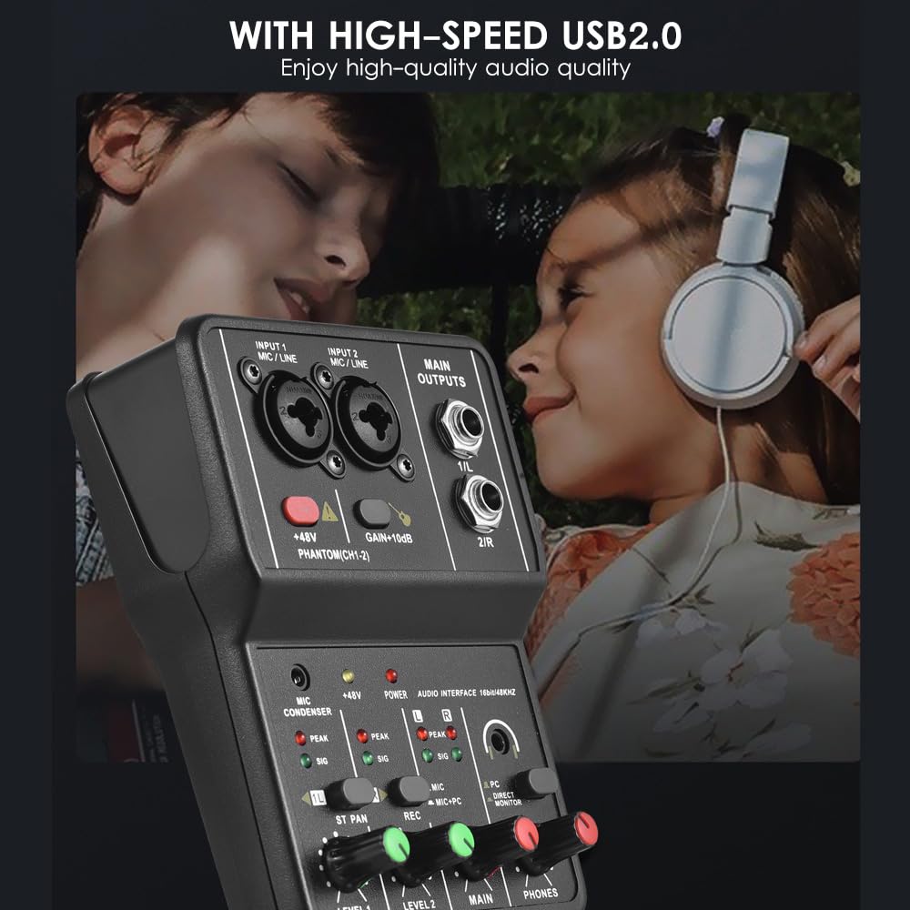 Interfaz de audio, tarjeta de sonido de grabación profesional, 16 bits/48 kHz, tarjeta de sonido mini USB de 2 entradas y 2 salidas con cable USB B de alimentación fantasma de 48 V, equipo de