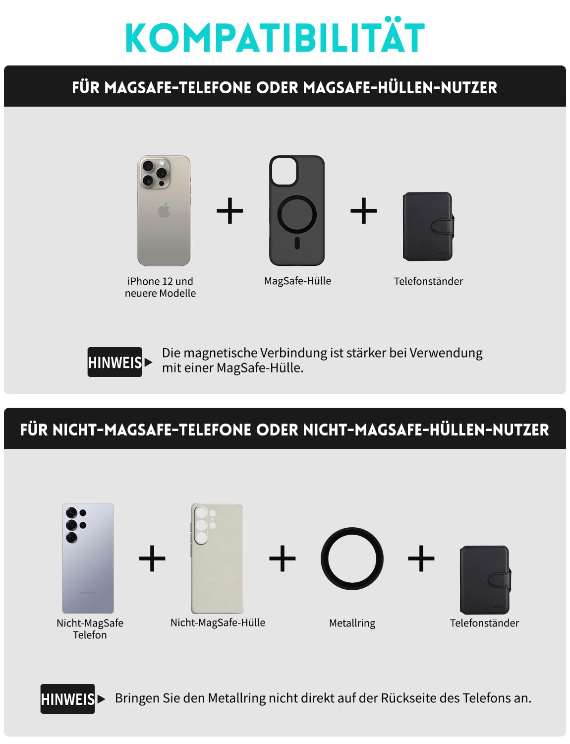 Magnetic Wallet Slim, 4000G Starke Magnetkraft Geldbörse für iPhone 17/16/15/14/13/12 Serie, RFID-Schutz Magnetic Kartenhalter Dünn mit 6-Kartenkapazität & Telefonständer (Schwarz)