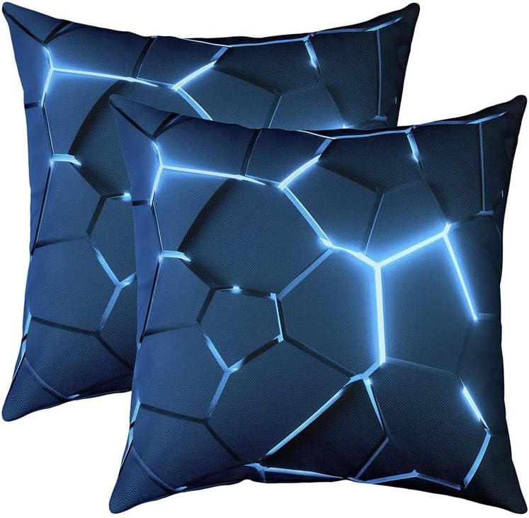Feelyou Pack of 2 Honeycomb Decorative Throw Pillow Covers, Soft Hexagonal Blue Neon Square Cushion Case Set for Couch Sofa Bedroom Living Room, Geometrical Pillow Cases Pillowcases, 18x18 I