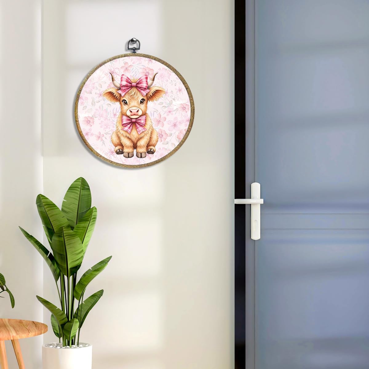 Cute Pink Bow Cow Print Decor Framed Round Wall Decor Canvas Wall Art Hanging Artwork for Home Kitchen Farmhouse Bathroom Living Girls Room Christmas Decorations Nursery Office Porch 10.2X10.2 Inch