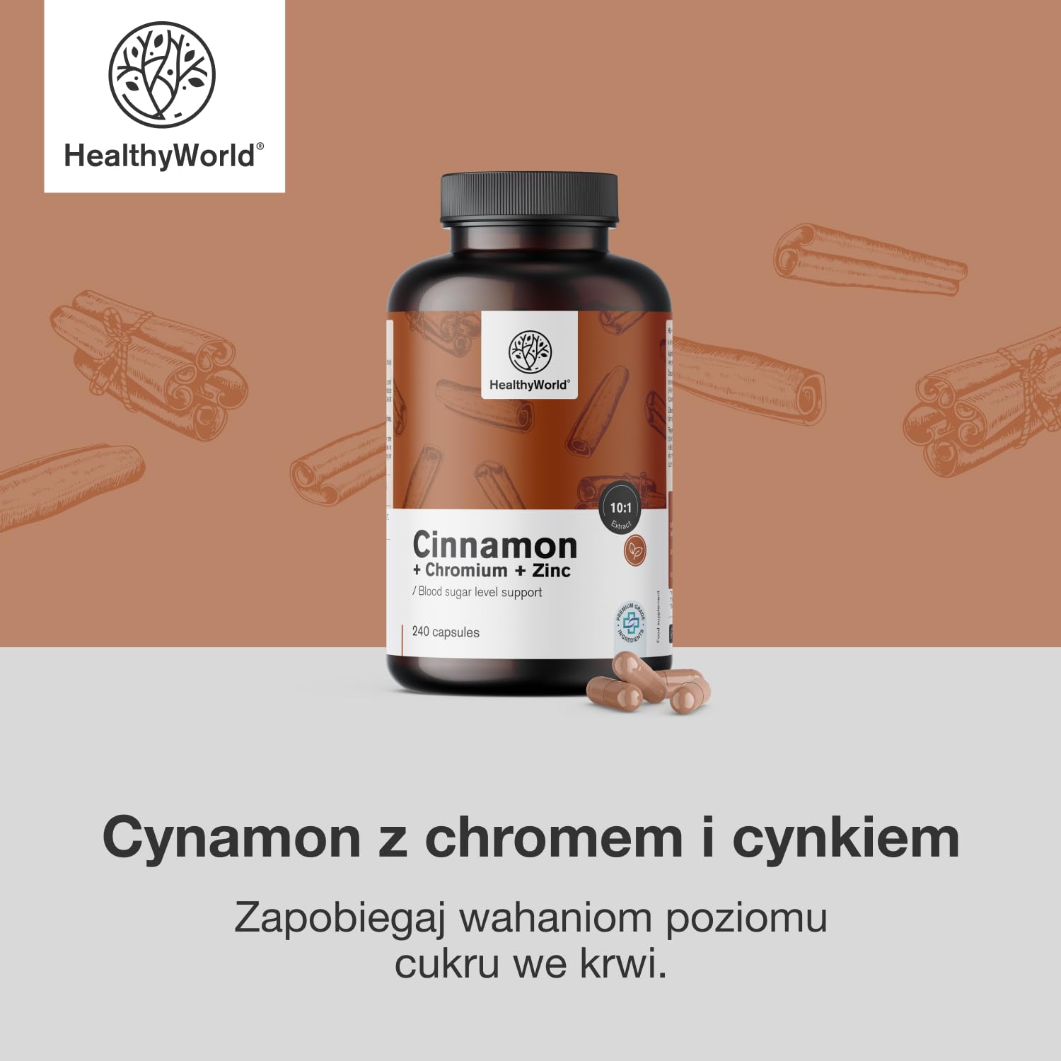 HealthyWorld Cynamon z chromem i cynkiem - 240 kapsułek roślinnych - Wegetariańskie - Wysoka dawka - Zapas na 4 miesiące - Najwyższa jakość - Trzy aktywne składniki - Regulacja poziomu cukru we krwi