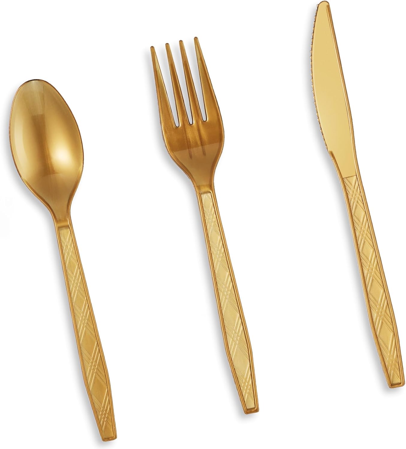 Coume 300 Pcs Gold Plastic Silverware Disposable Cutlery Set Plastic Utensils Heavy Duty Flatware Dinnerware with 100 Gold Forks, 100 Gold Spoons, 100 Gold Knives for Party, Birthday, Wedding Favors