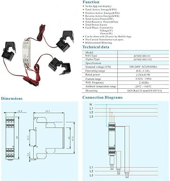 Three-phase WIFI Smart Meter, Smart Meter Energy Monitor For Three-phase Four-wire Circuits For Residential Commercial And Industrial 90 * 65.5 * 18mm