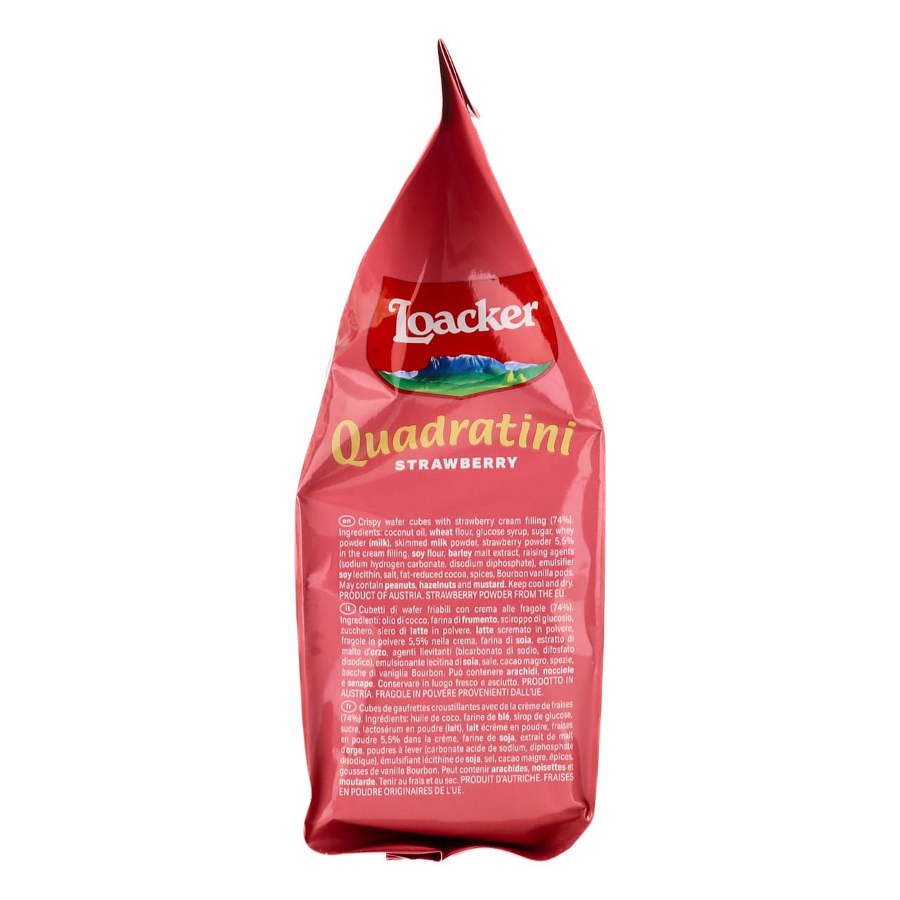 Loacker, Quadratini Fragola, Wafer Croccanti con 5 Strati di Cialde Farcite con Crema alla Fragola, Snack per Colazione, Senza Aromi e Coloranti, Pratica Confezione Apri e Chiudi, 1 Confezione da 250g