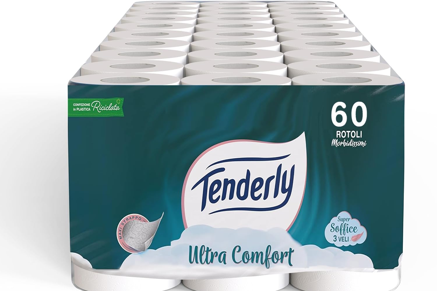 Tenderly Ultra Comfort 60 rotoli di carta igienica pura, 3 veli, + di 12.000 strappi, delicata sulla pelle