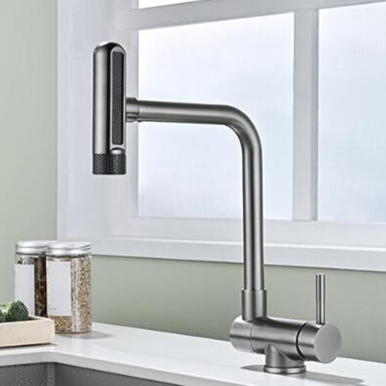 Robinet d'évier pliable et rotatif gris en acier inoxydable à 6 modes LWX
