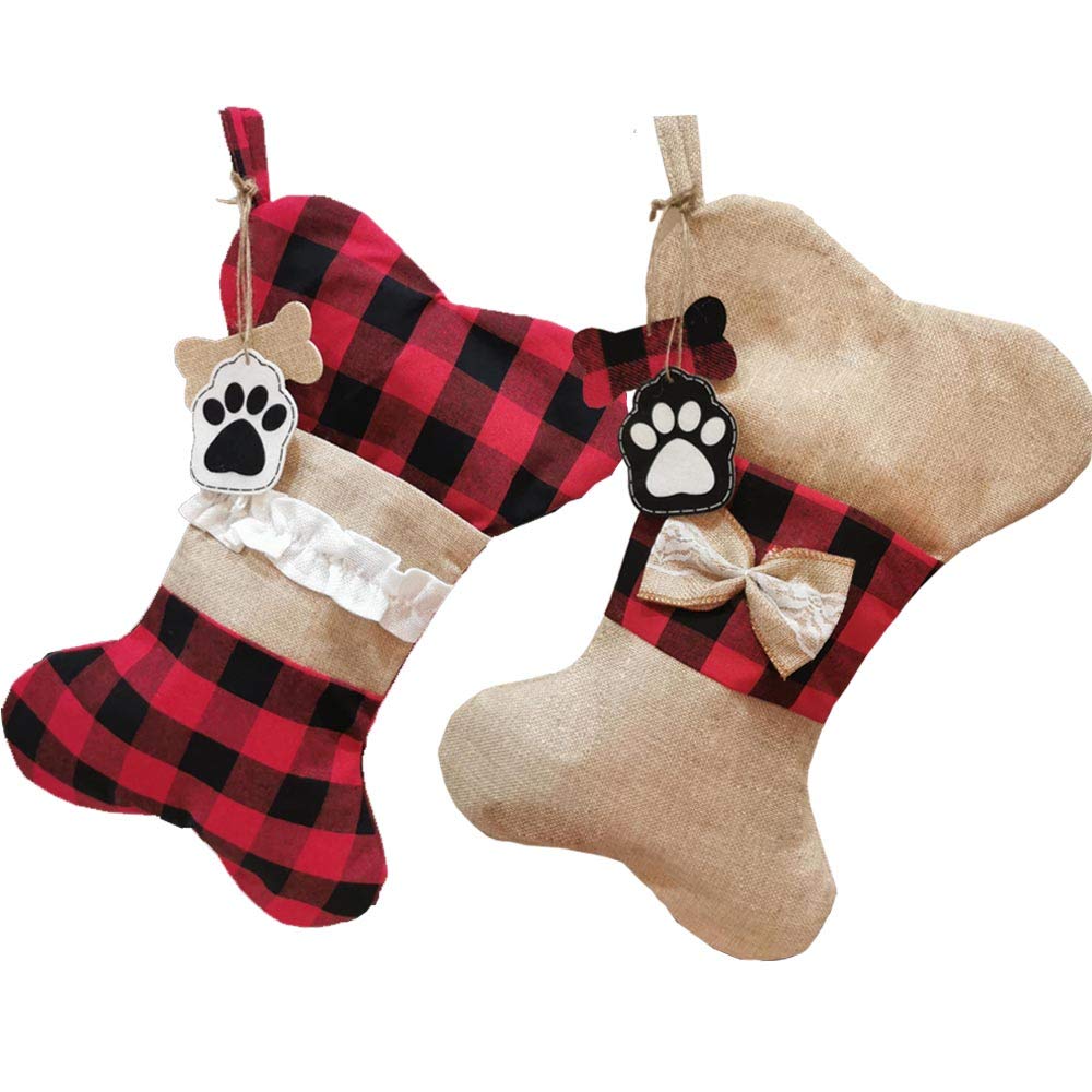 Pet Dog Christmas Stockings 2 Packs Burlap Plaid Holiday Hanging Bone Socks Fireplace Tree Christmas Decoration