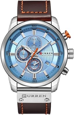 Curren Men Leather Strap Military Watches Mens Chronograph Waterproof Sport Wrist Date Quartz Wristwatch Gifts Silver Blue