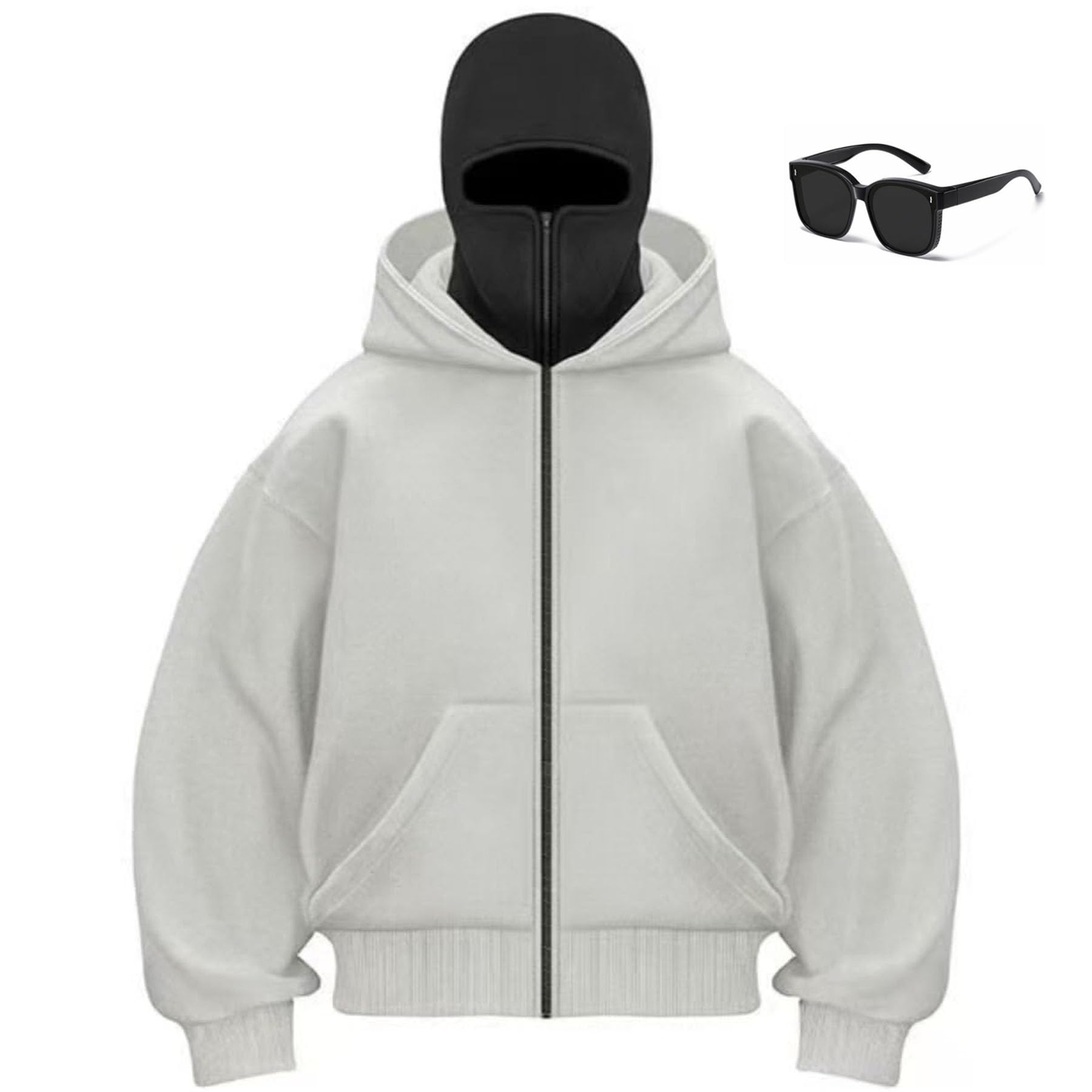 moytarcp Balaclava Hoodie with Built in Balaclavaand Mask - Cool Men Double Hooded Jacket Wind-Resistant Hoodies (Light Gray B,XL)