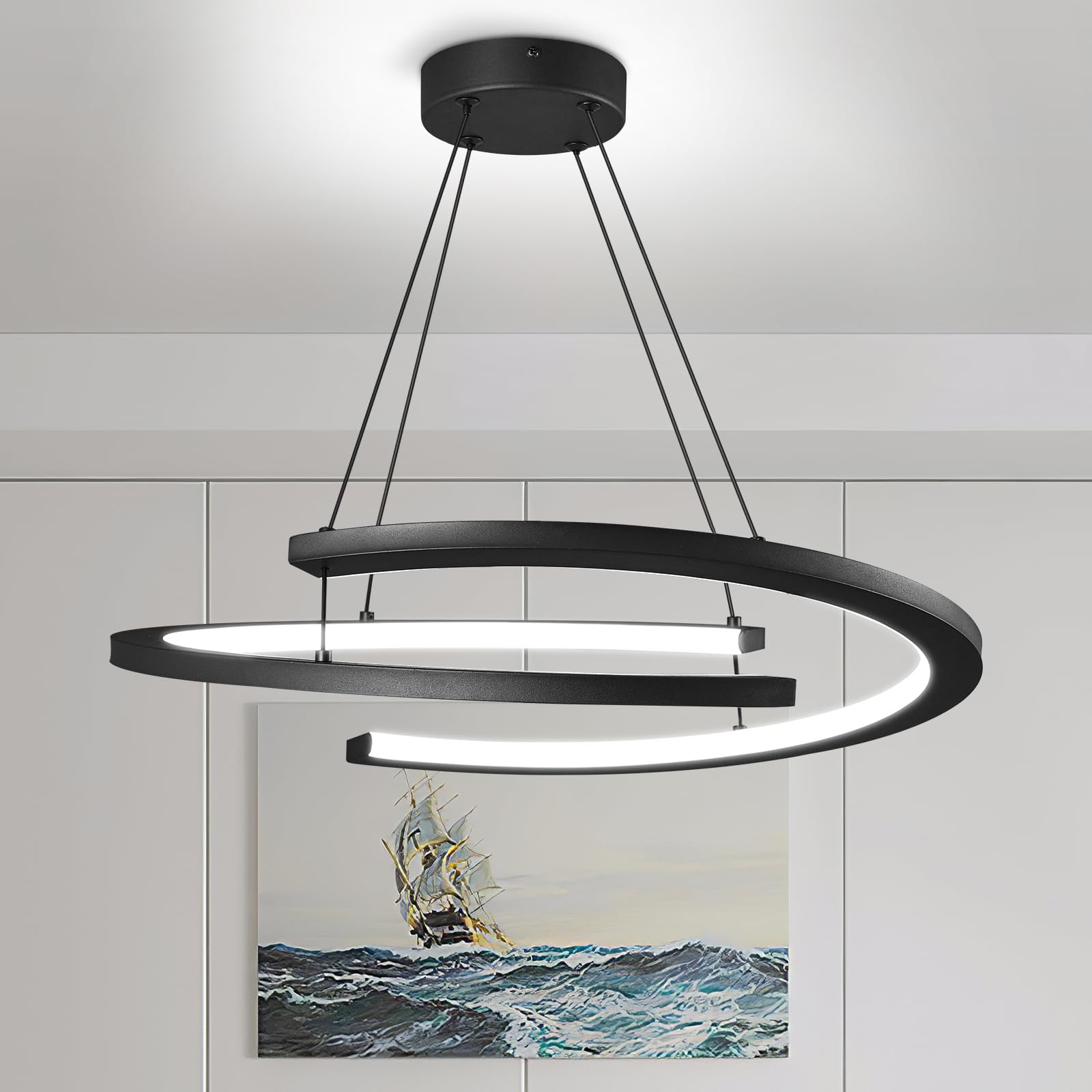 Black Modern LED Chandelier 20.6in Dimmable Pendant Light 6000K Hanging Light Fixtures for Dining Room Kitchen Island Bedroom Living Room Foyer Stairway