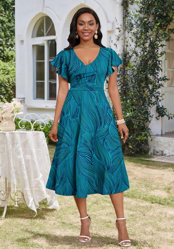 Image of MarryUP Women's Cocktail Midi Dress Elegant V Neck Ruffle Short Sleeve Wrap Wedding Guest Semi Formal A Line Dress