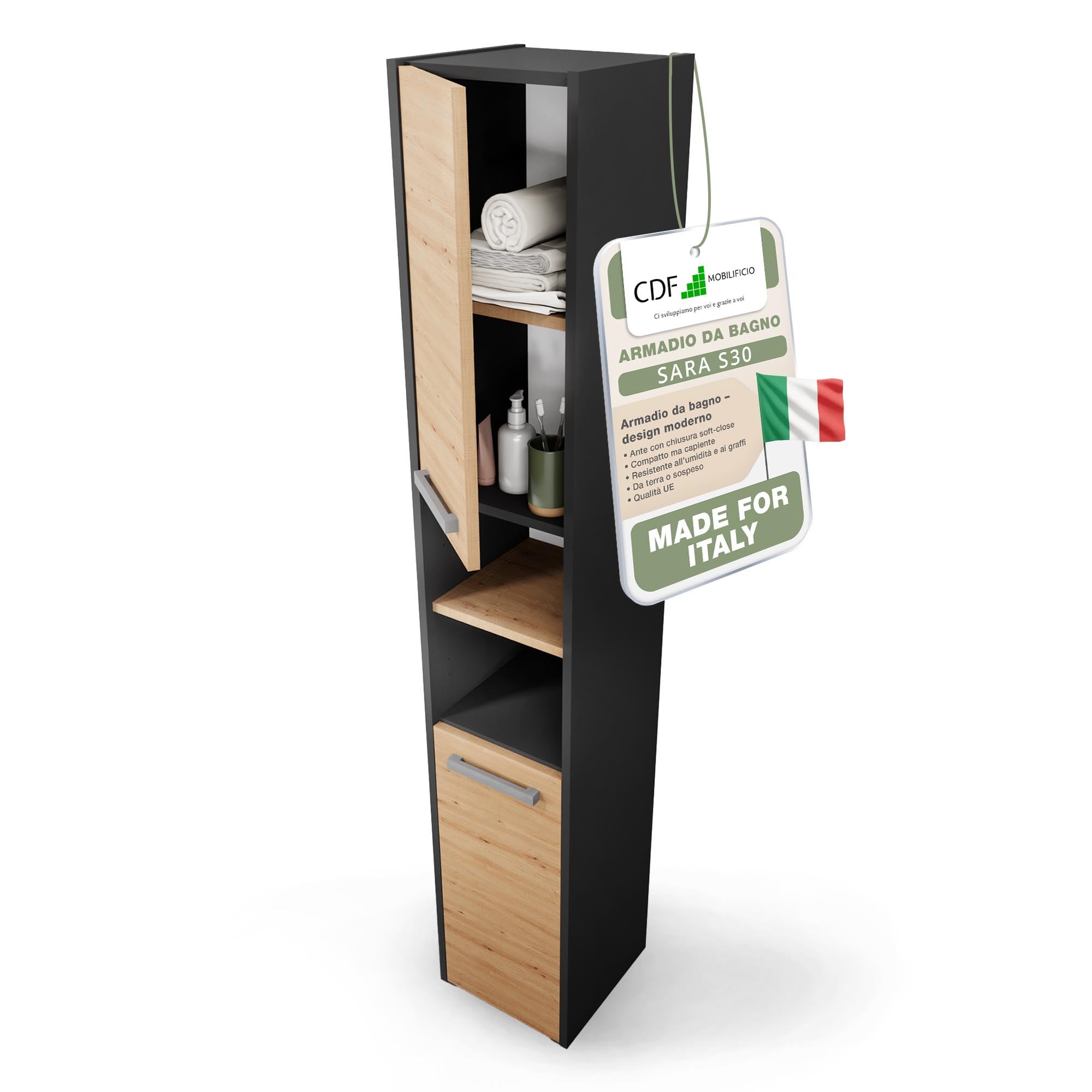CDF Armadio da Bagno Alto largh. 30 cm Colonna Bagno Mobiletto Portaoggetti Stretto Ripiani e Scomparti per Piccoli Spazi, Cosmetici Moderno Mobile Salvaspazio Rovere Artisan/Antracite 30x30x170 cm