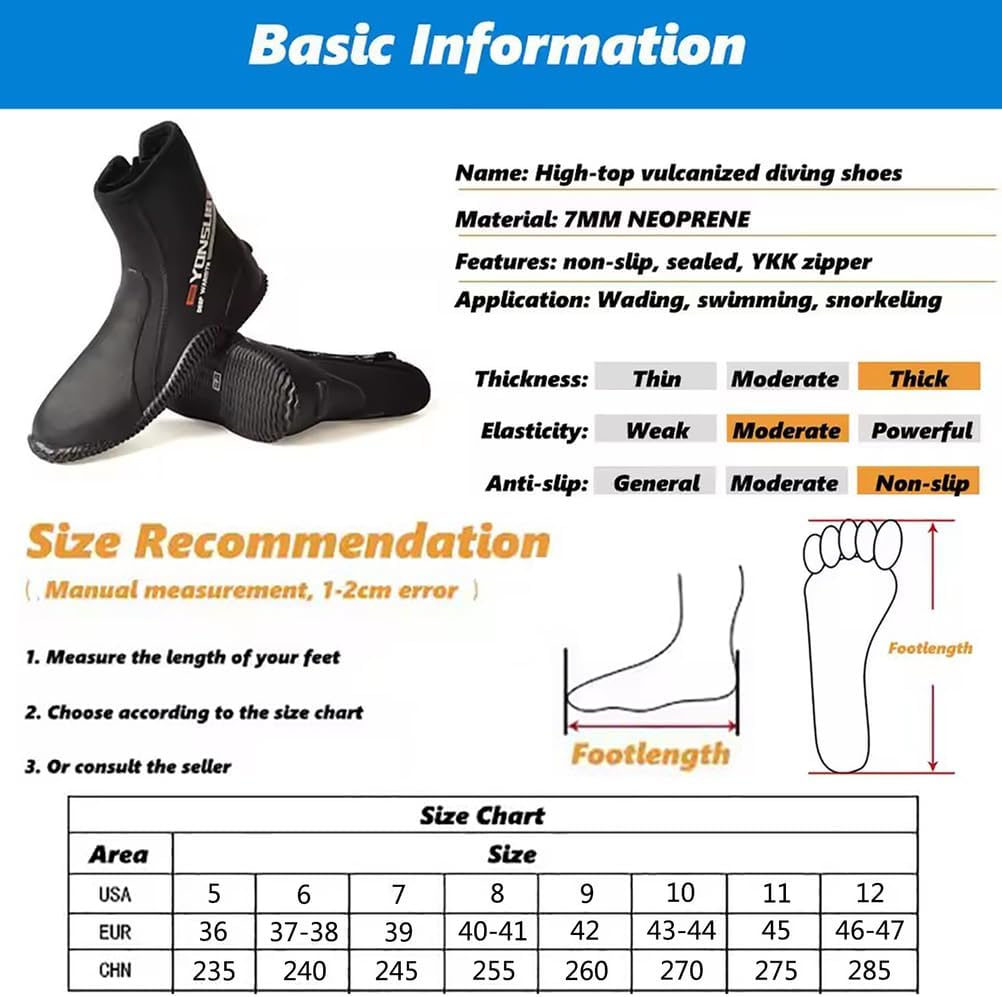 WYYHAA 7mm Neoprene Diving Boots with Zipper – Lightweight Anti-Slip Sole, Toe Protection & Secure Fin Strap for Snorkeling, Surfing & Scuba
