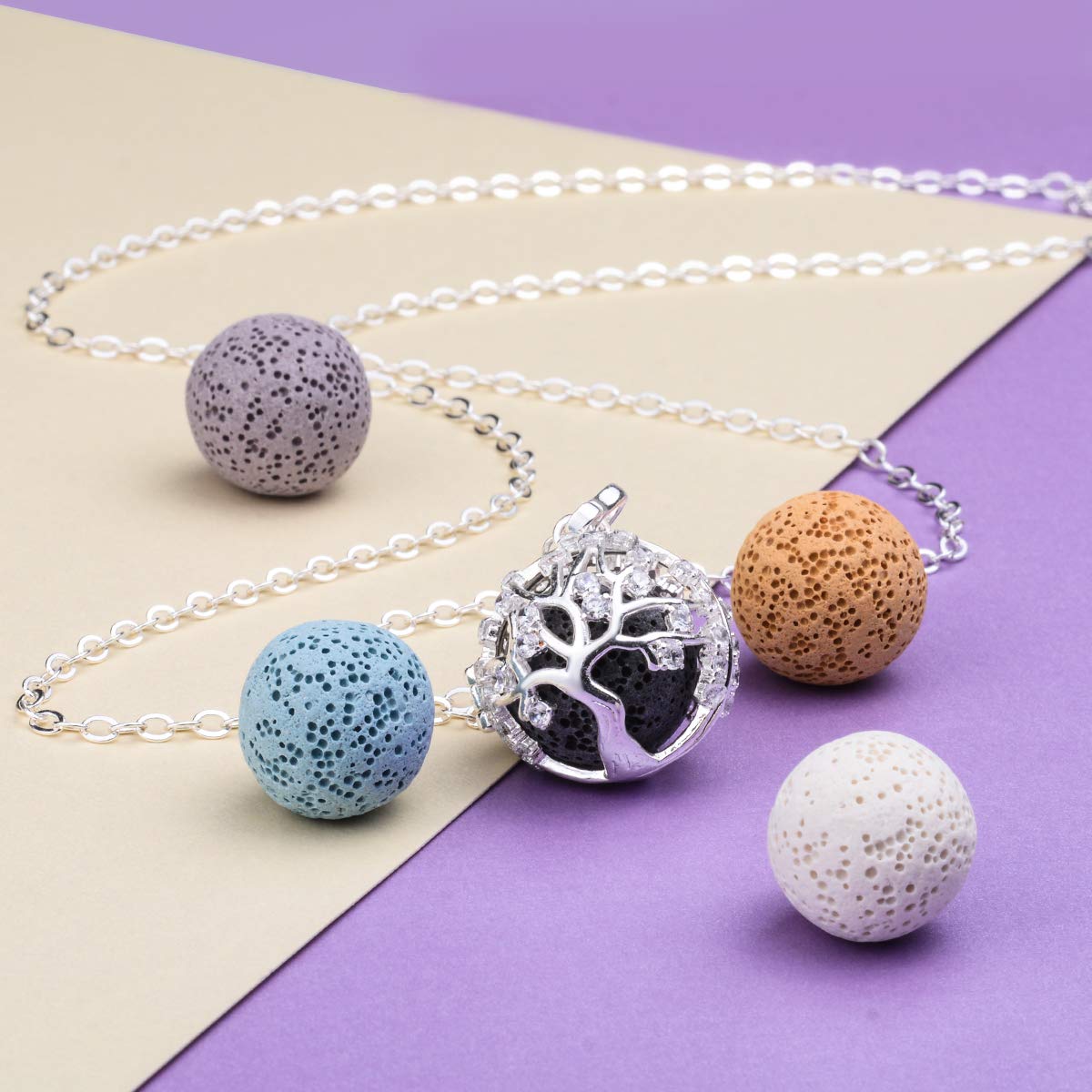 EUDORA Harmony Ball Collana Aromaterapia Ciondolo con Oli Essenziali per Donna, Collana con Diffusore Regalo di Gioielli per Ragazze con 7 Pezzi di Pietra Lavica, 24 Pollici