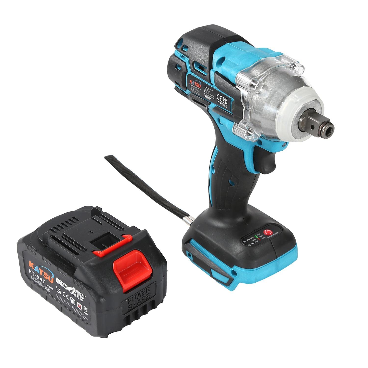 KATSU FIT-BAT 21V Clé à Chocs sans Fil Brushless avec 4.0Ah Batterie, 1/2" 400Nm Clé à Chocs Électrique Cordless, avec 2 Adaptateurs, 0-3500IPM 102488