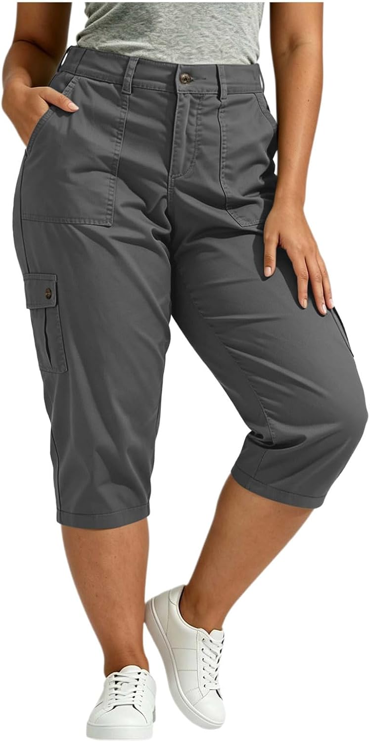Plus Size Cargo Capris for Women High Waisted Pant Elastic Back Casual Outdoor Hiking Cropped Pants with Pockets