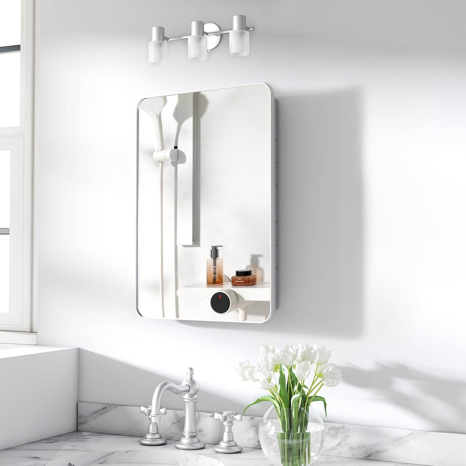 Venlus 16x24 Inch Medicine Cabinet with Mirror for Bathroom, Silver Aluminum Bathroom Medicine Cabinet, Recessed or Wall Mount Medicine Chest Over Sink, Modern Farmhouse Style, Fully Assembled