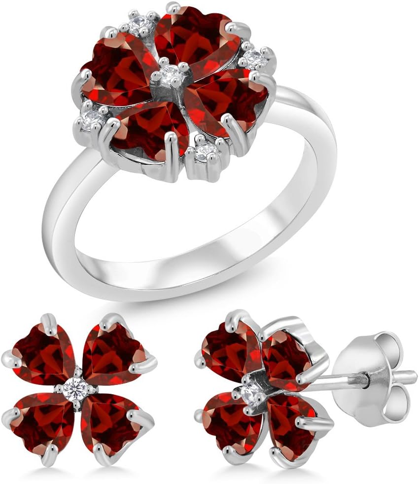 Gem Stone King 4.89 Ct Heart Shape Red Garnet 925 Sterling Silver Ring and Earrings Jewelry Set