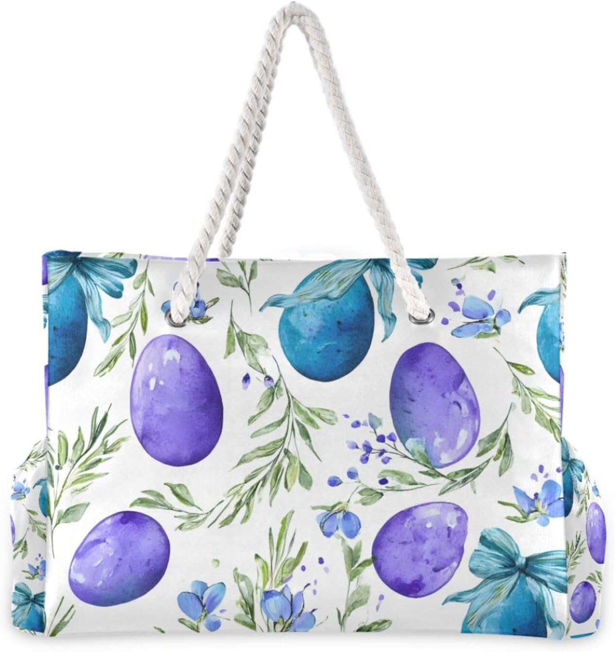 OTVEE Watercolor Easter Egg and Bow Beach Bags for Women Ladies Large Canvas Tote Shoulder Bag Waterproof Travel Bags for Gym Swim Pool Camping