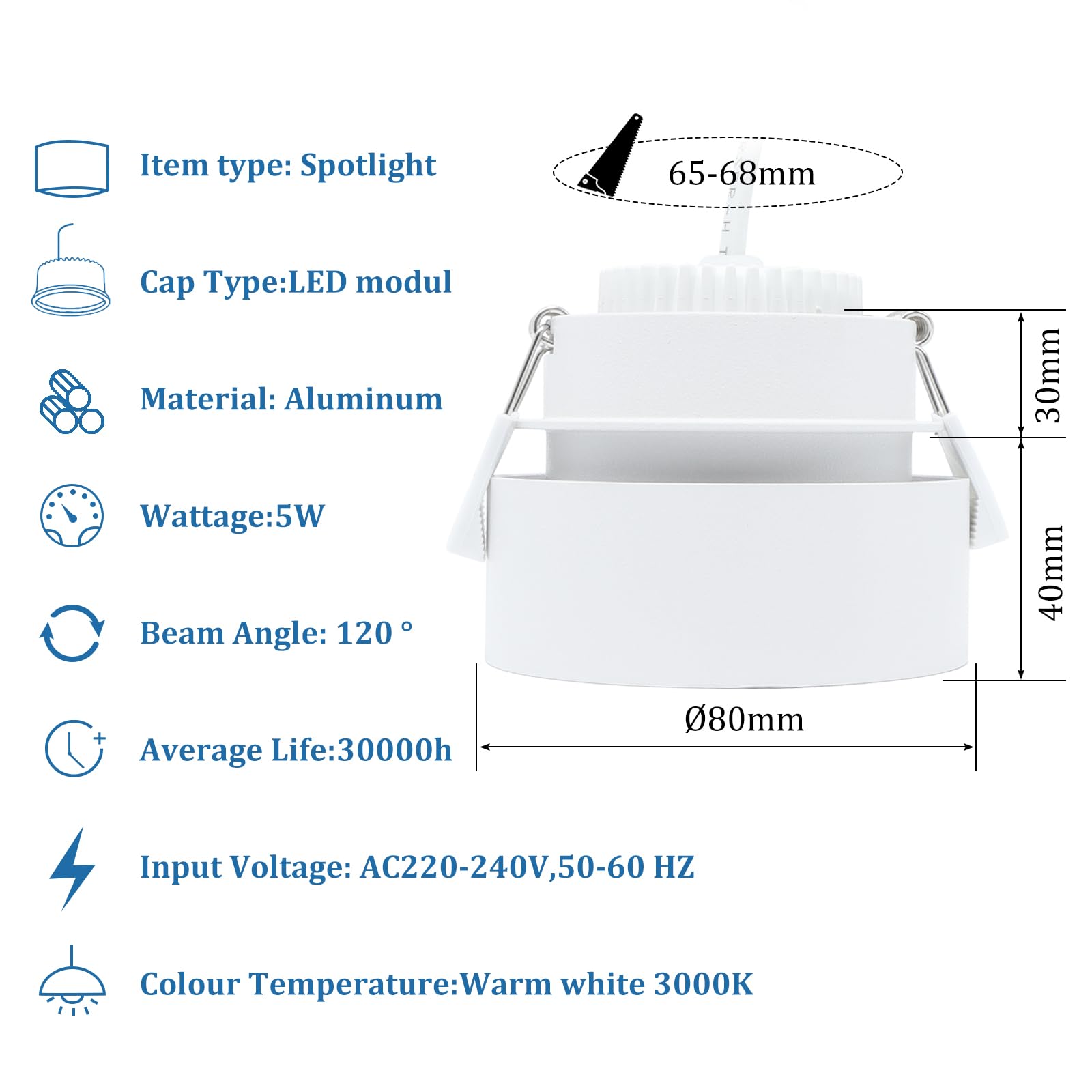 KYOTECH Foco LED de techo con luz indirecta, incluye módulo LED intercambiable de 5 W, blanco cálido, 3000 K, 400 lm, foco LED empotrable, redondo, blanco, empotrable, foco de diseño 30 mm, extraplano