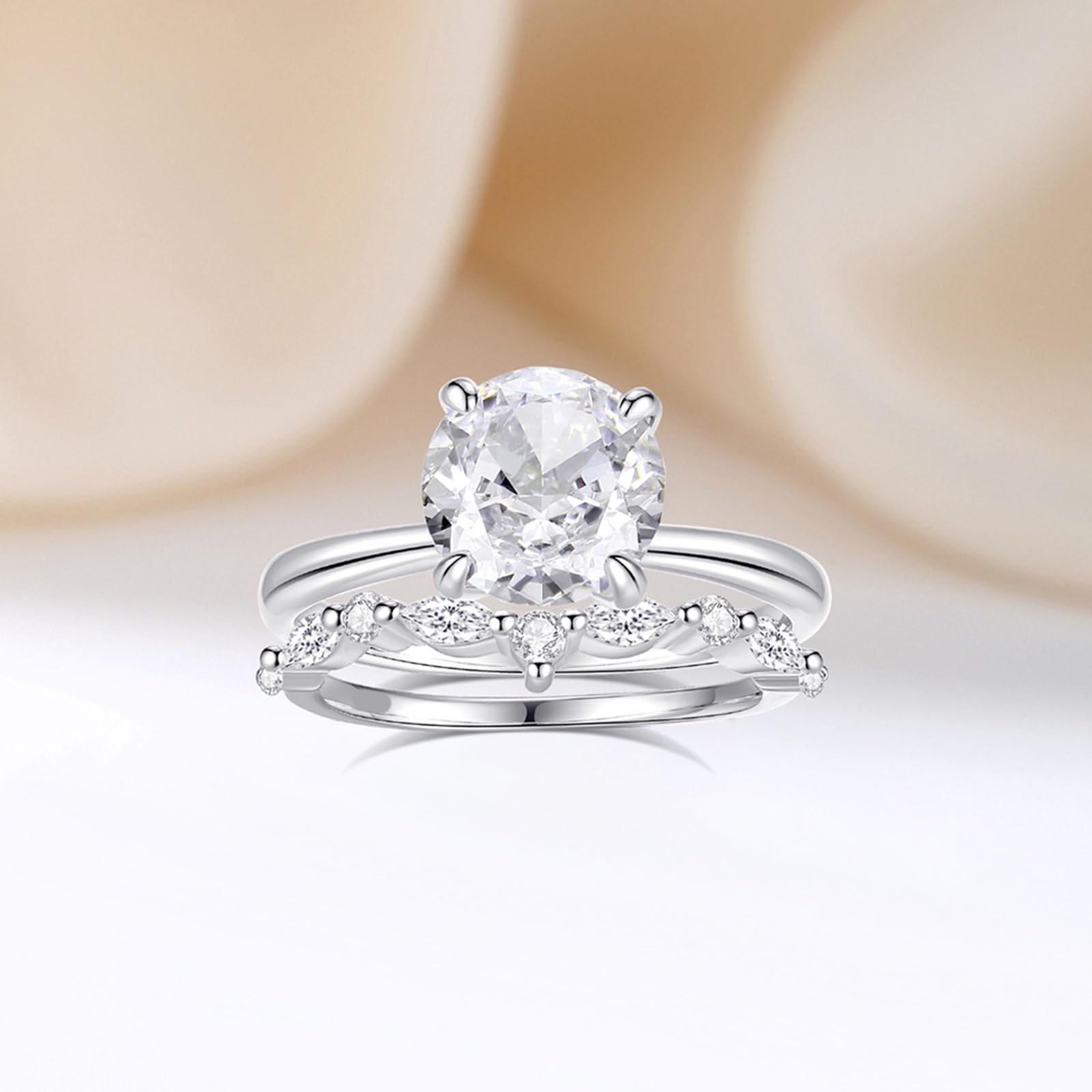 Set di fedi nuziali in oro bianco 18 carati per lei, classico anello impilabile in moissanite da 2 carati, personalizzabile