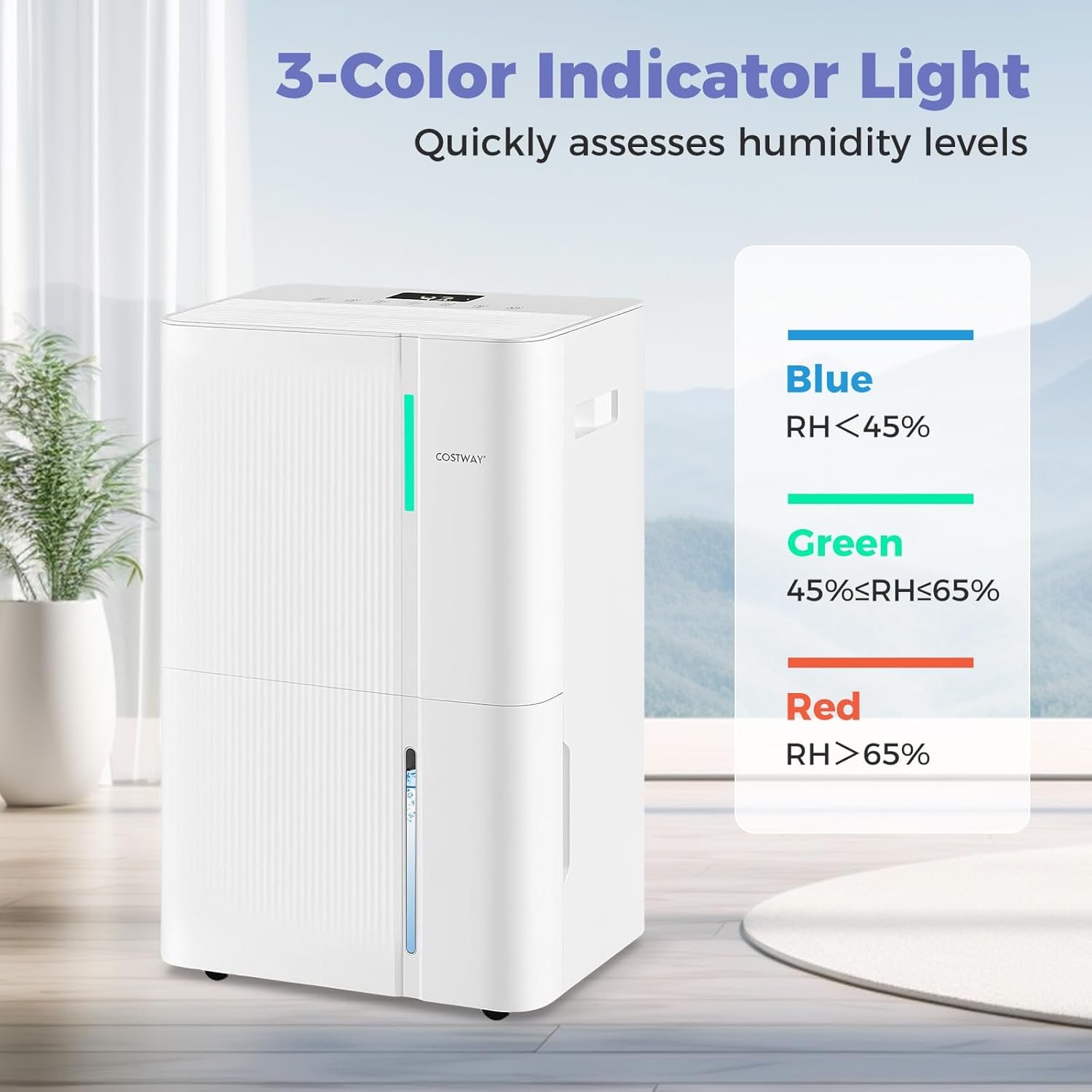COSTWAY 96 Pints Dehumidifier for Basement, 8000 Sq.Ft Dehumidifier with 24H Timer, 3-Color Indicator, 1.2 Gallon Water Tank, Drain Hose & Wheels for Bathroom, Bedroom