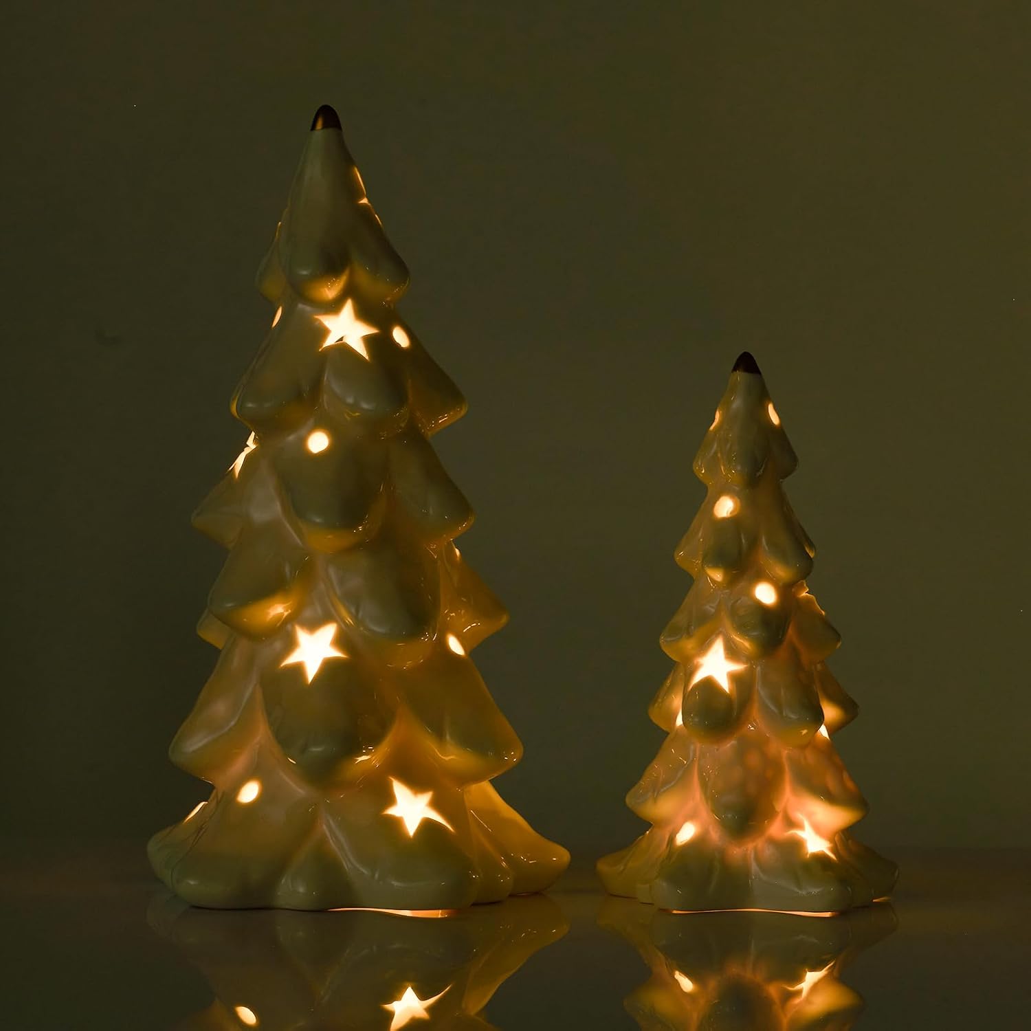 DN DECONATION Christmas Tree with Lights, Tabletop Xmas Trees with Star-Cutouts Leaves, 2Pcs White Prelit Ceramic Christmas Tree Figurines Holiday Centerpieces for Mantel & Shelves Decor