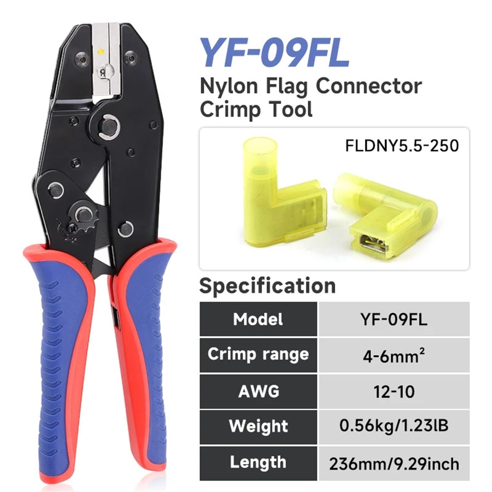 Herramientas de crimpado for conectores hembra de pala con terminal de bandera, en forma de L, aislados/no aislados, desnudos, 4.8/6.3/FLDNY, alicates de trinquete(YF-07FL)