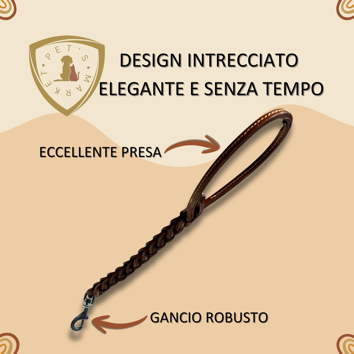 Pet's Market Guinzaglio Cane Cani 50 cm in Cuoio Tripla Treccia Color Marrone Scuro Presa Comoda Gancio Robusto (50 cm Marrone Scuro)