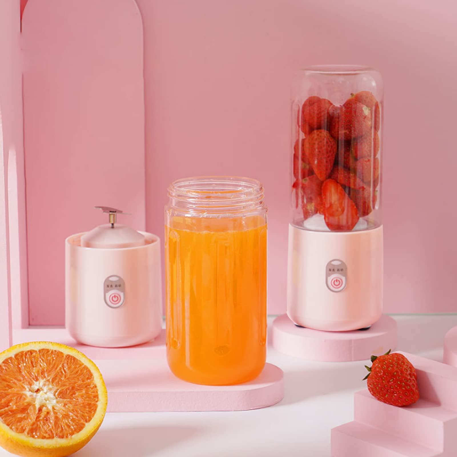 Juicer Machine Portable 500ml Mini Pink 6 Leaf Blades USB Charging Easy to Clean, for Fruits Vegetables
