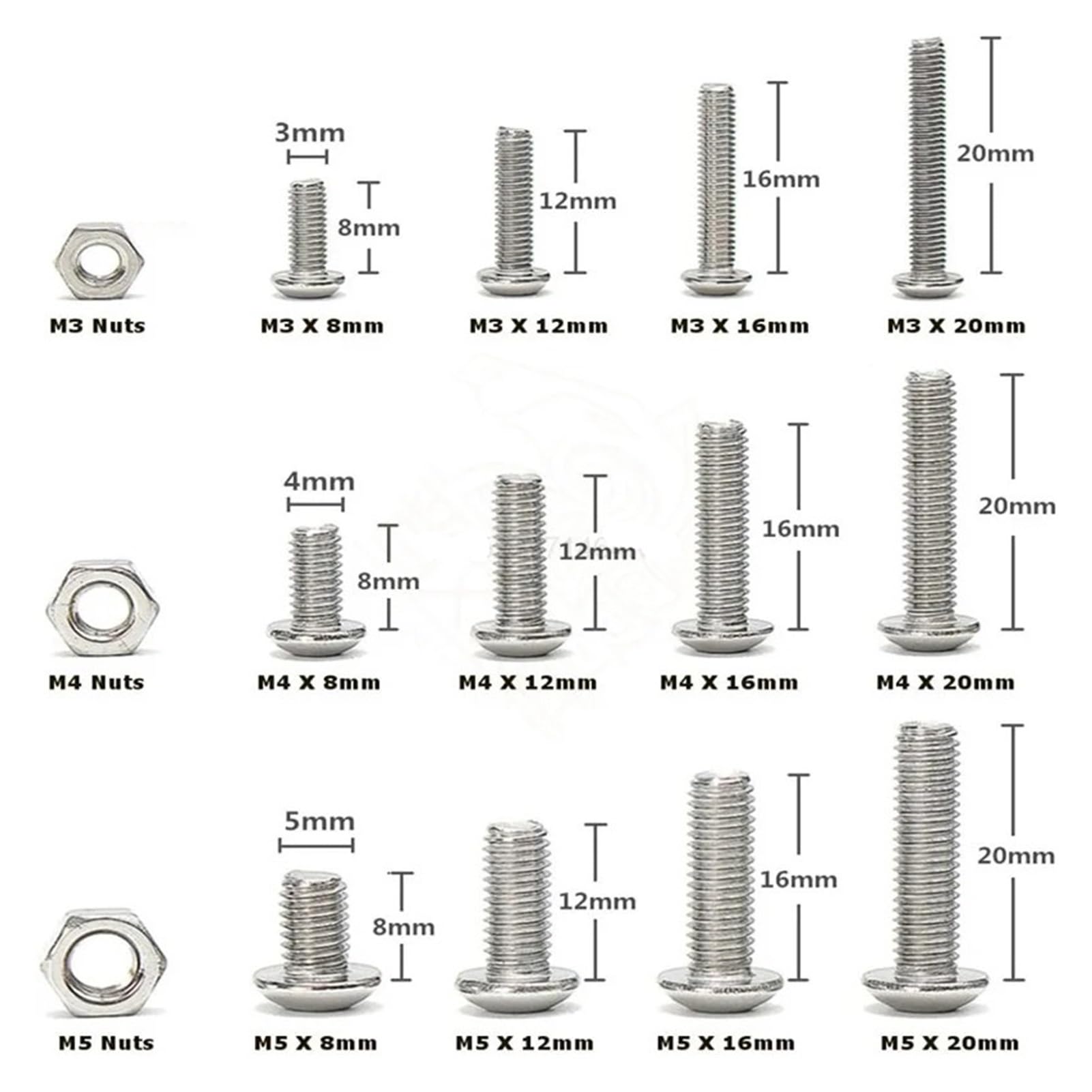 440-teiliges Schrauben- und Muttern-Set, M3, M4, M5, Edelstahl, Innensechskant, Halbrundkopfschrauben, Schrauben, Muttern, Sortiment, Kit, Schraube