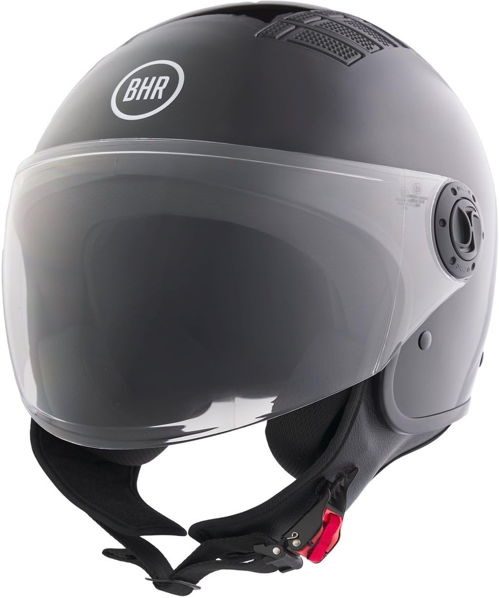 Casque Demi-Jet BHR 834 Flow - Casque Moto d'été Homologué ECE 22.06 avec 16 Trous de Ventilation - Casque avec Visière Anti-Rayures et Fermeture Micrométrique - Noir Métallisé M