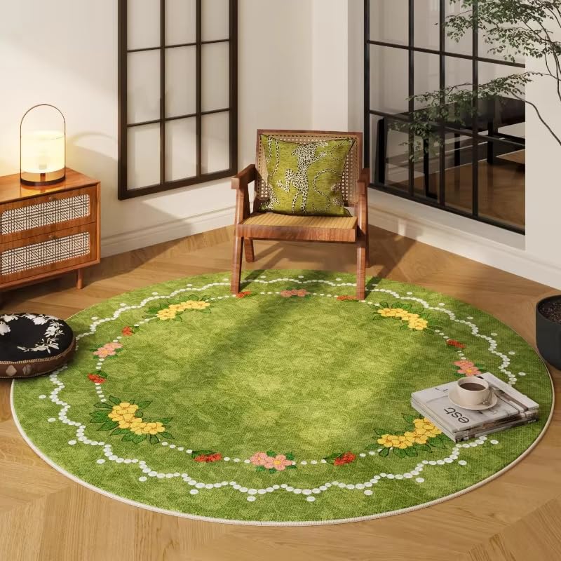 Tapis rond moderne vert pour créer un coin lecture cosy dans le salon