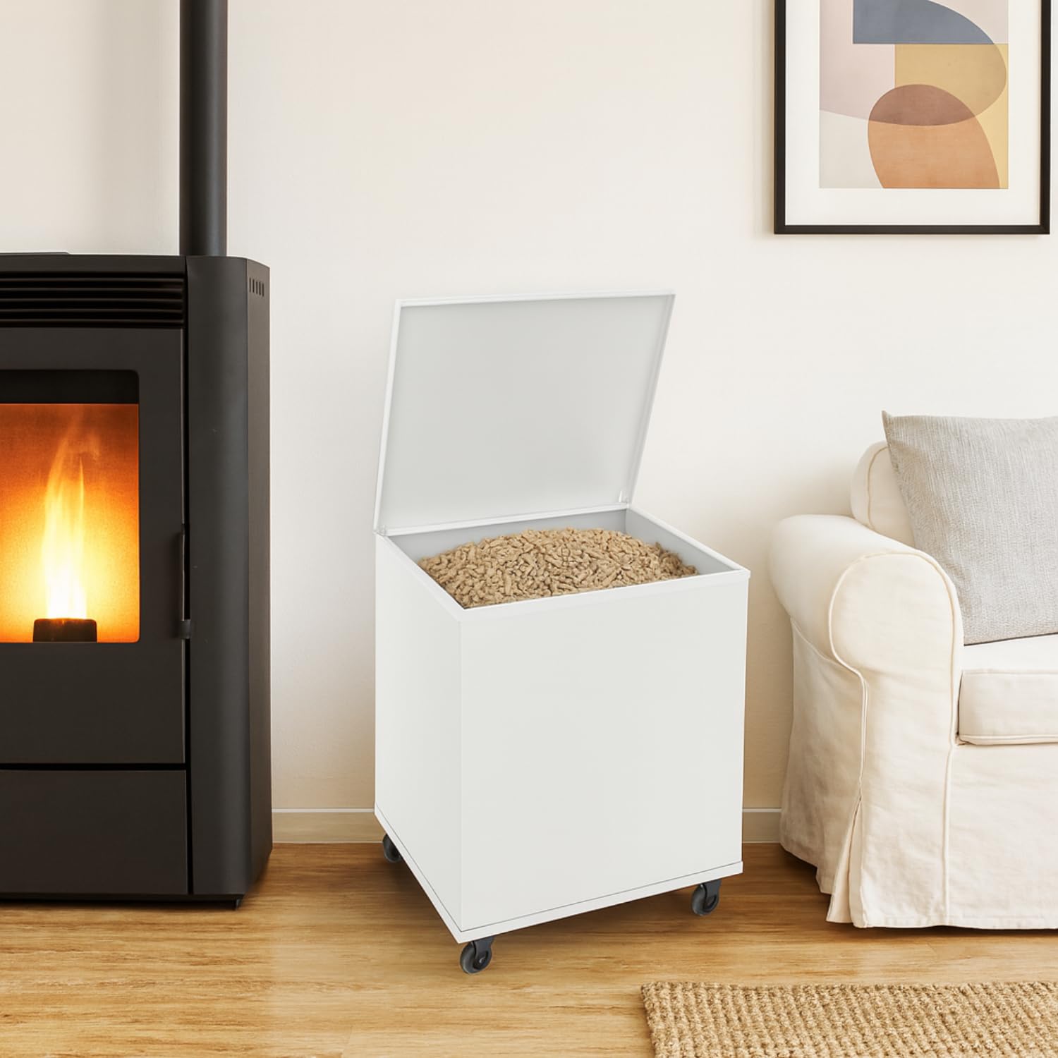 Porta Pellet da Interno Made in Italy Contenitore Baule Portapellet in Metallo Bianco 50 x 40 x 55 cm Capacità 110 L Ruote Girevoli Scatola Cesto per Stufa a Pellet Camino