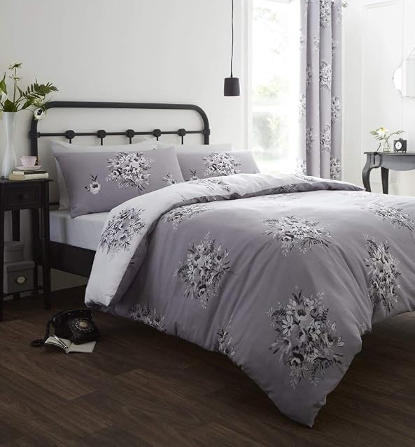 Catherine Lansfield Floral Bouquet Easy Care King Duvet Set Grey