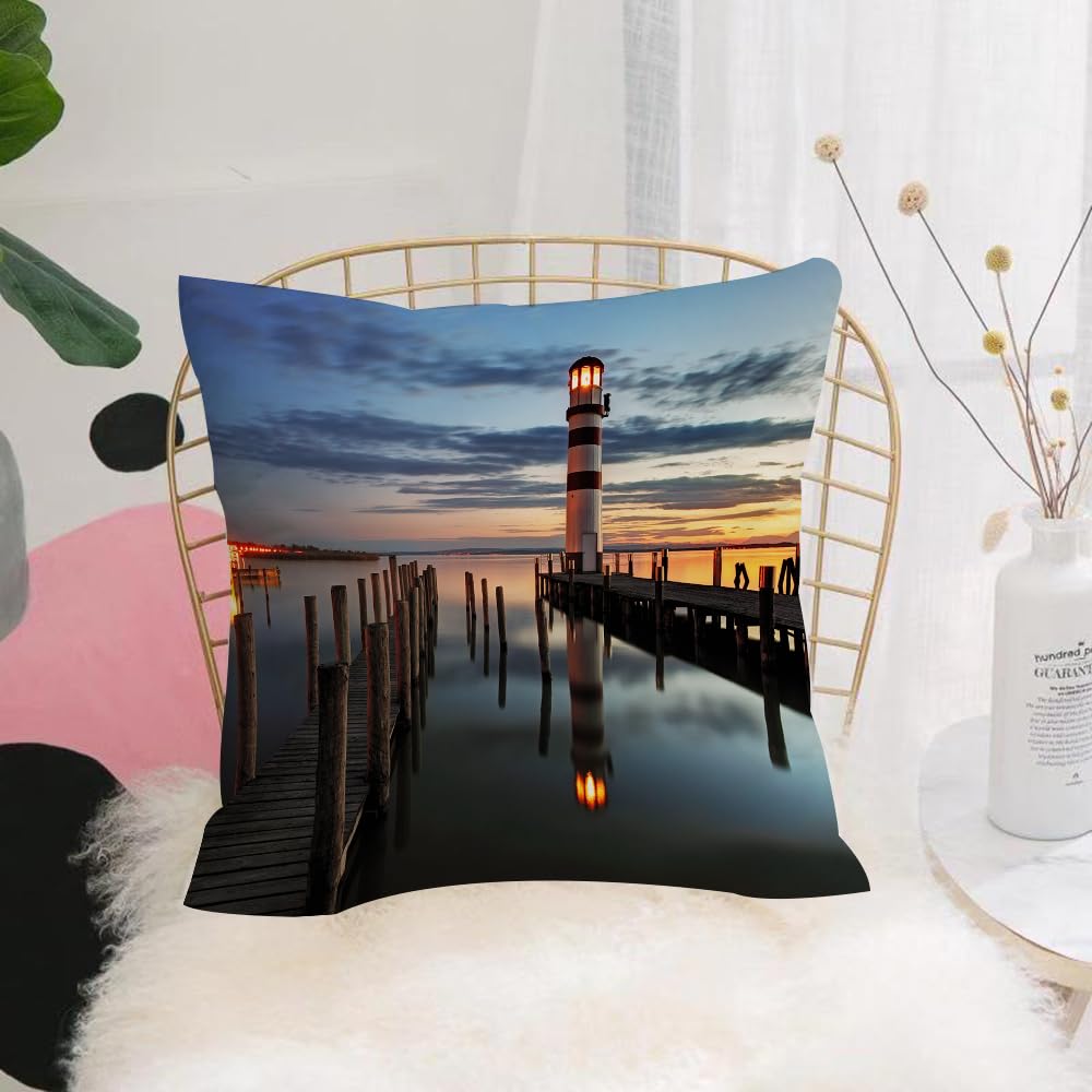 HYOSXW Cushion Cover,Throw Pillow Case Home Decorative for Living Room Bedroom Sofa Chair 16X16 Inch,Lighthouse Decor,Calm Dusk at Bay with Lighthouse and Wooden Boardwalk Reflecti,Pillowcase 40X40cm