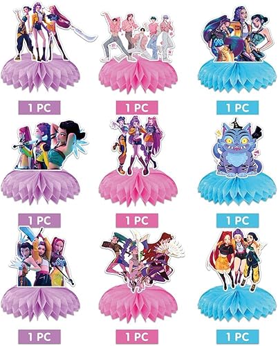 Miniatura 3 de K Pop Demon - Suministros para fiesta de cumpleaños, 9 centros de mesa de panal para decoración de Toy K Pop Demonio, decoración de mesa de doble