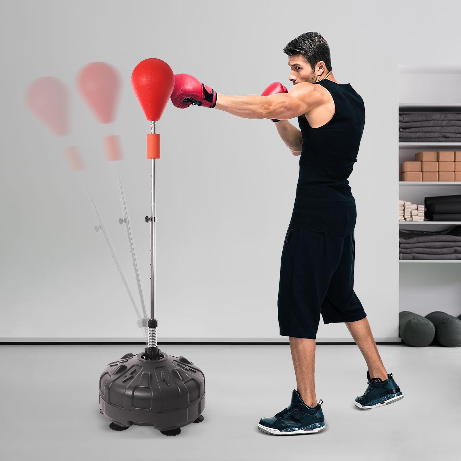 Stojąca gruszka bokserska, worek bokserski z regulacją wysokości – odbicie 90°, 6 przyssawek, dla dzieci/dorosłych, do fitnessu i treningu bokserskiego (regulacja 120-160 cm, czerwona)