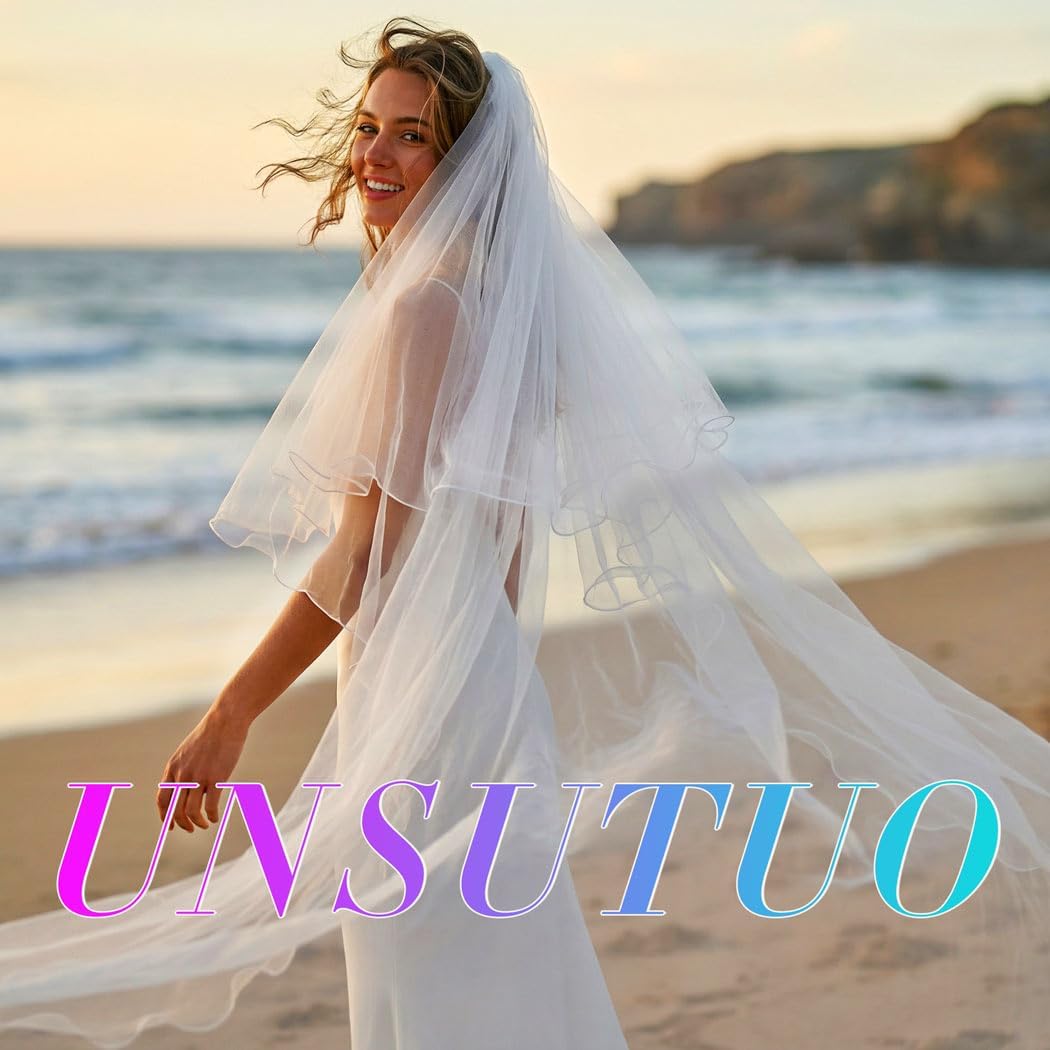 Unsutuo Cathedral Wedding Veil 2 Tier Wedding Veils Bridal Veil Ribbon Edge for Women and Girls