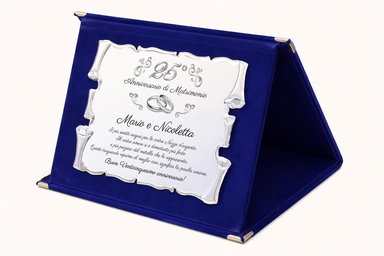 Targa 25° Anniversario di Matrimonio NOMI PERSONALIZZATI | Elegante Regalo Anniversario Nozze d'argento | Pergamena Argentata su Cofanetto in Velluto Blu
