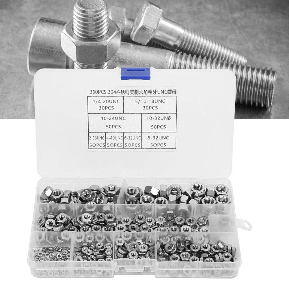 Dadi Esagonali UNC in Acciaio Inossidabile 304, 360 Pezzi con Filettatura Grossa UNC Dadi di Fissaggio Esagonali in Argento con Scatola Per Riparazioni, Industria (1/4-20UNC)