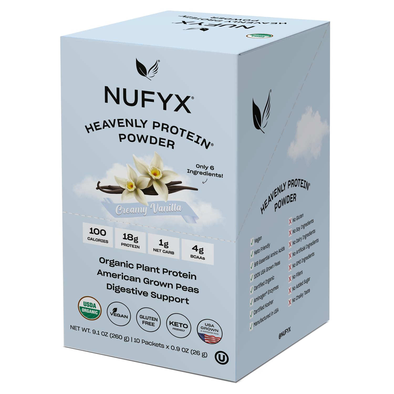 NUFYX® • Heavenly Protein® Powder • World’s Finest 100% Organic American Grown Peas • Vegan • Gluten Free • Low Carb (Creamy Vanilla, Box of 10 Packets)