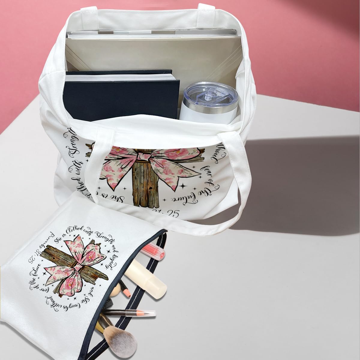 Christian Gifts for Women, Girls Preppy Bow Canvas Tote Bag Makeup Bag Set, Inspirational Bible Verse Religious Gifts Graduation Retirement Nurse Mothers Day Reusable Grocery Bags Travel Cosmetic Bags - Image 3