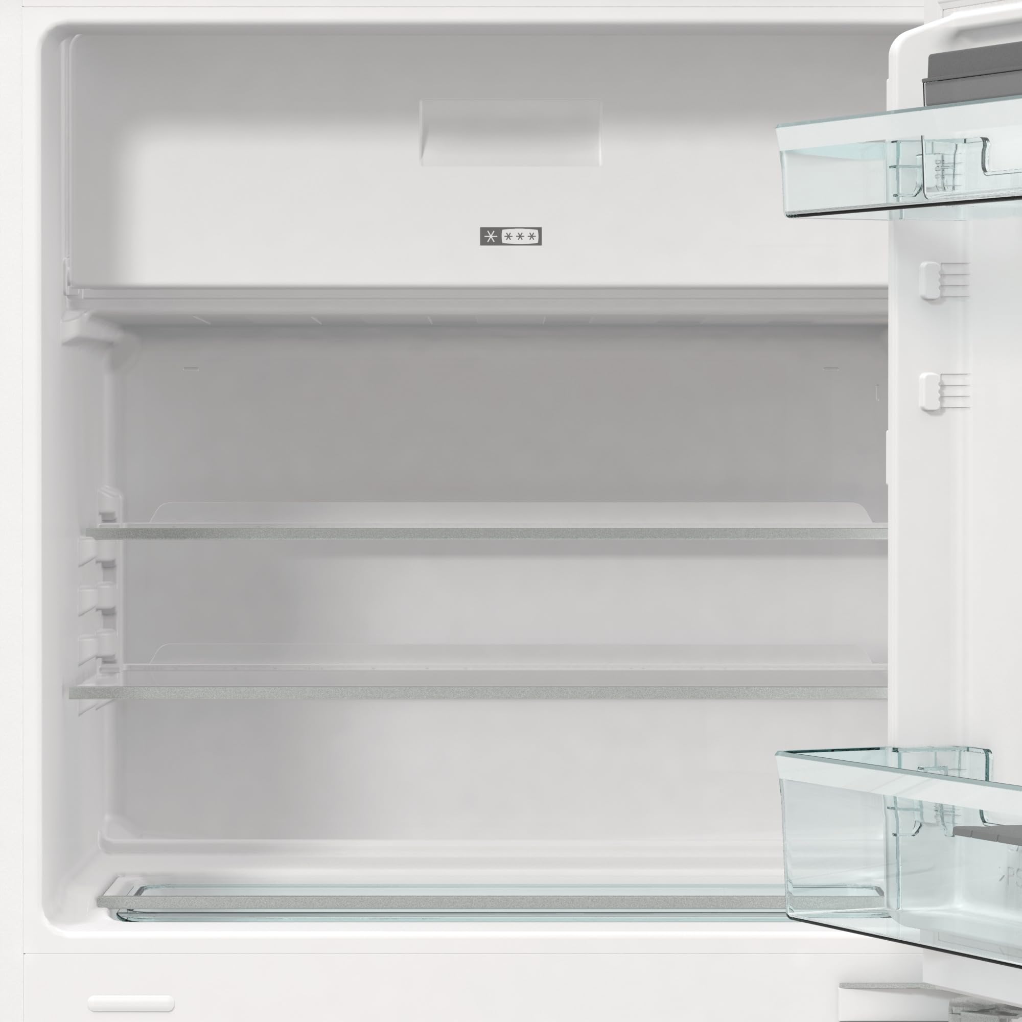 Gorenje RBIU609EA1 Unterbau-Tischkühlschrank,82cm Nische, 60cm Breite mit Gefrierfach, Festtürscharnier, 121 L(104 plus 17L), SuperCool, Digitale Display, BxHxT: 59,5×81,8×54,5 cm,Weiß