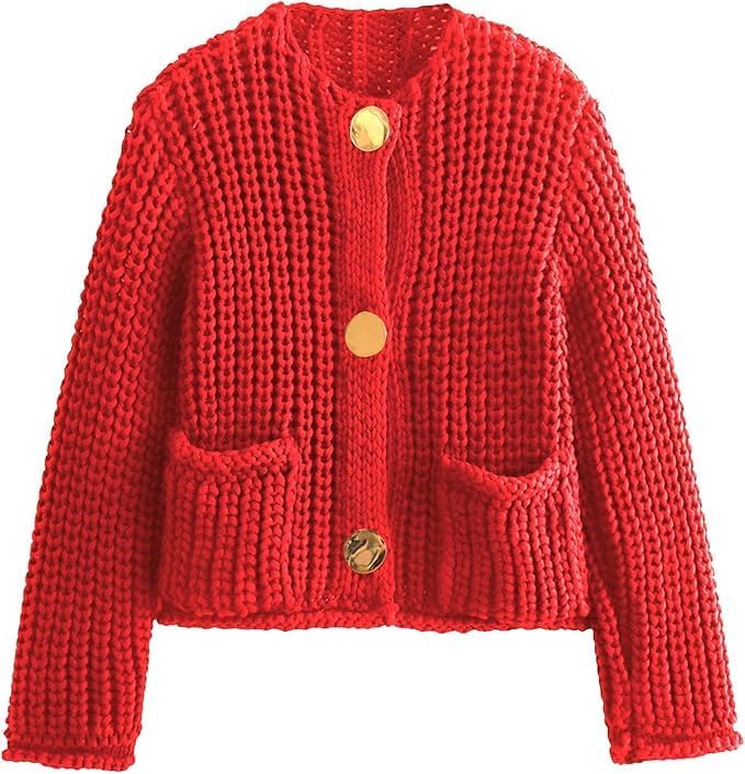 Arssm Womens Cropped Cardigan Sweaters Chunky Open Front Button Down Knit Sweater Long Sleeve Loose Cardigan Outerwear(Red-L1)